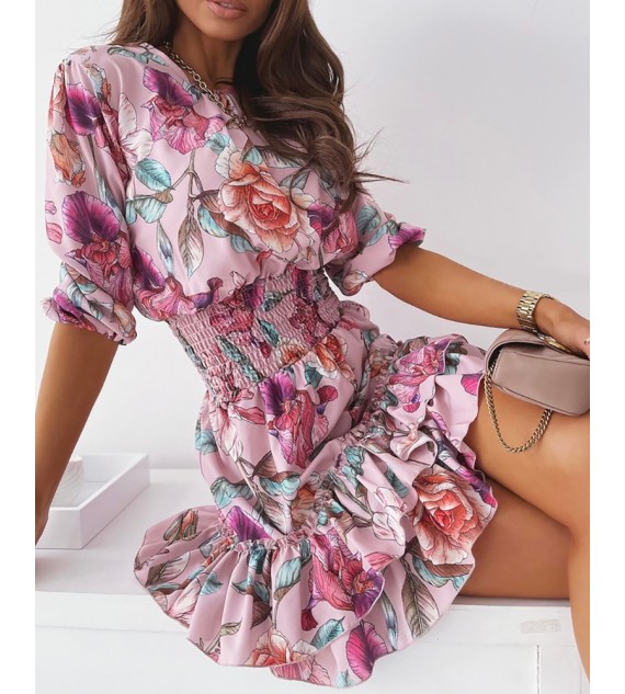 Floral Print Shirring Detail Layered Ruffles Dress