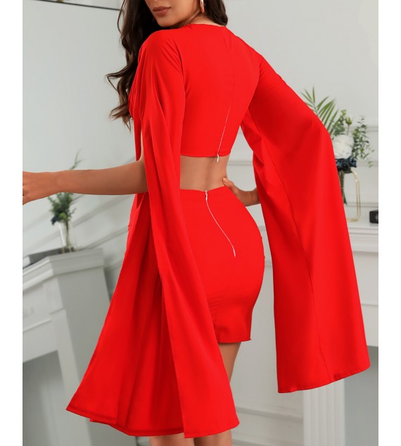 Plain Cape Sleeve Plunge Crop Top & Ruched Skirt Set