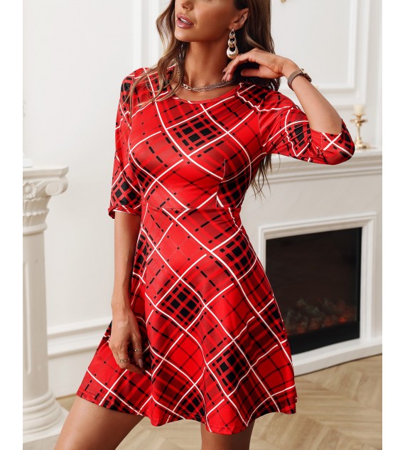 Half Sleeve Plaid Casual Flared Women Dress