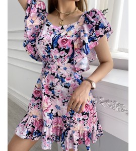 Floral Print Tied Detail Backless Ruched Dress