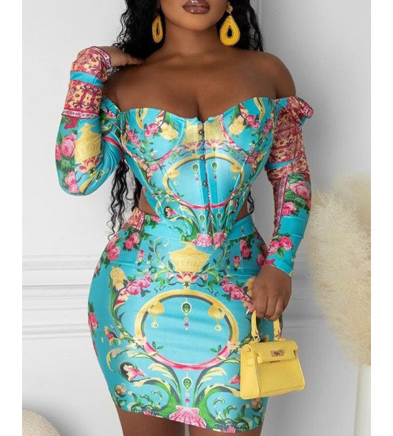 Off Shoulder Floral Print Corset Top & Skirt Set