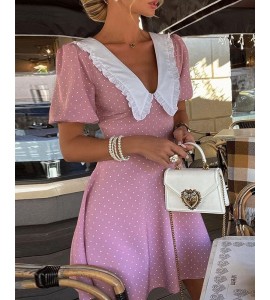 Polka Dot Print Frill Hem Puff Sleeve Dress