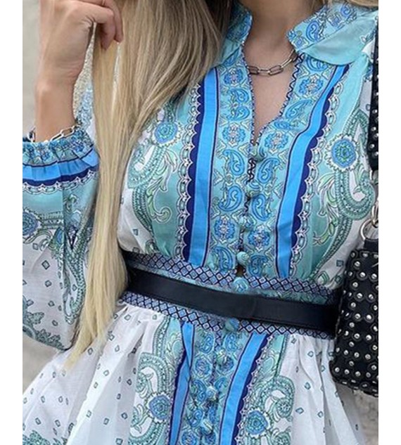 All Over Print Lantern Sleeve Shirt Dress
