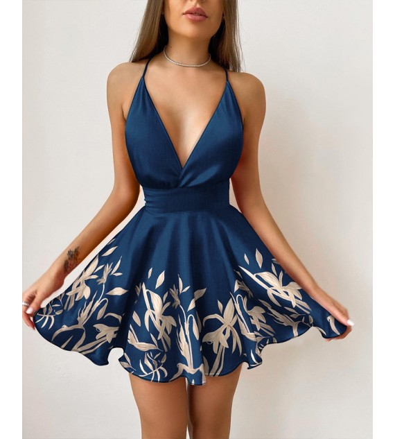 Floral Print Bowknot Tie Waist Plunging Neck Crisscross Backless Satin Cami Dress