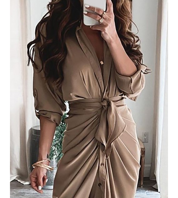 High Slit Button Front Long Sleeve Shirt Dress