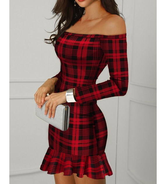 Off Shouldet Ruffle Hem Plaid Long Sleeve Women Dress