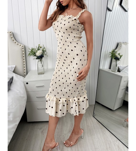 Spaghetti Strap Polkadot Print Shirred Mermaid Dress