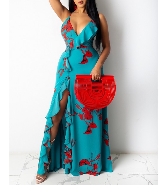 Backless Floral Print Tank Halter Ruffled Dress