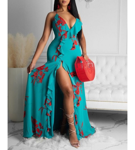 Backless Floral Print Tank Halter Ruffled Dress