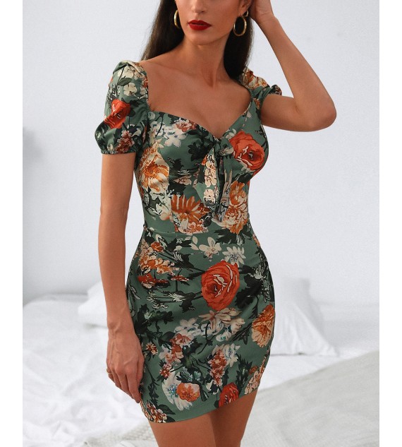 Floral Square Neck Tie Front Dress