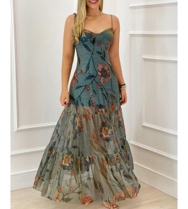 Floral Print Mesh Tied Detail Maxi Dress