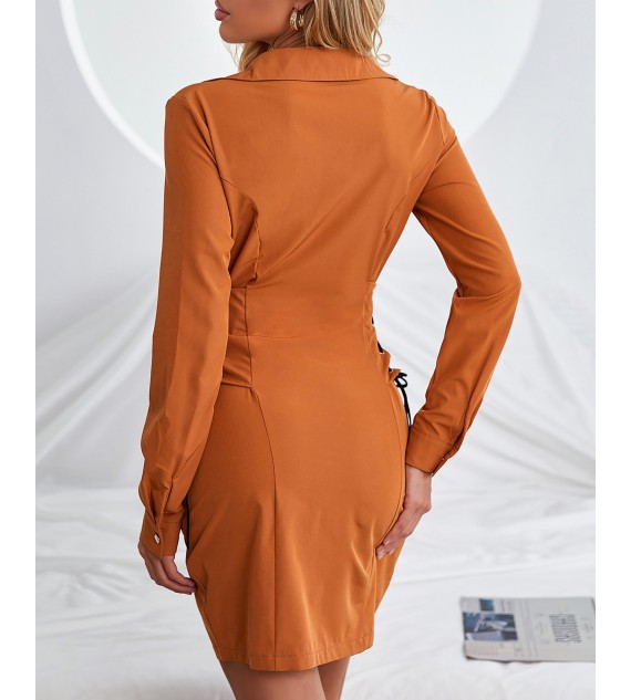 Eyelet Lace Up Button Design Shirt Dress