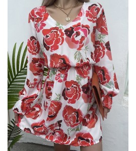 Floral Print Puff Lantern Sleeve V Neck Dress