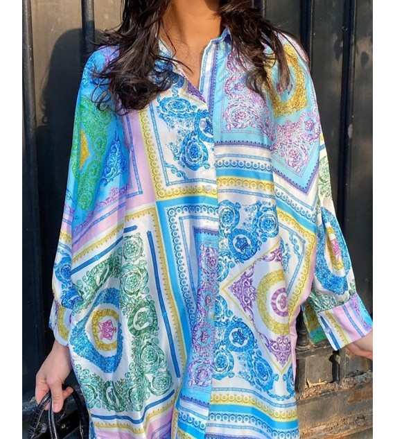 Scarf Print Long Sleeve Buttoned Shirt Dress