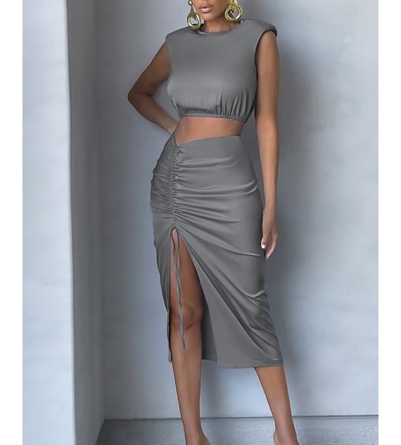 Keyhole Back Crop Tank Top & Drawstring Ruched Split Thigh Skirt Set