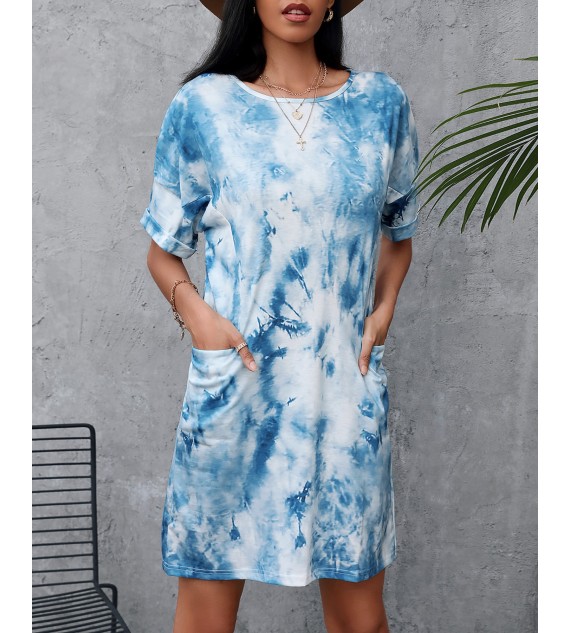 Tie Dye Print Pocket Design Casual Dress