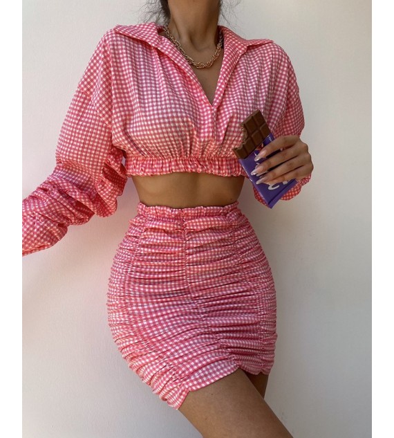 Plaid Print Lantern Sleeve Crop Top & Ruched Skirt Set