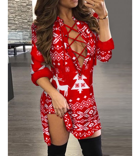 Christmas Eyelet Lace-up Side Slit Dress
