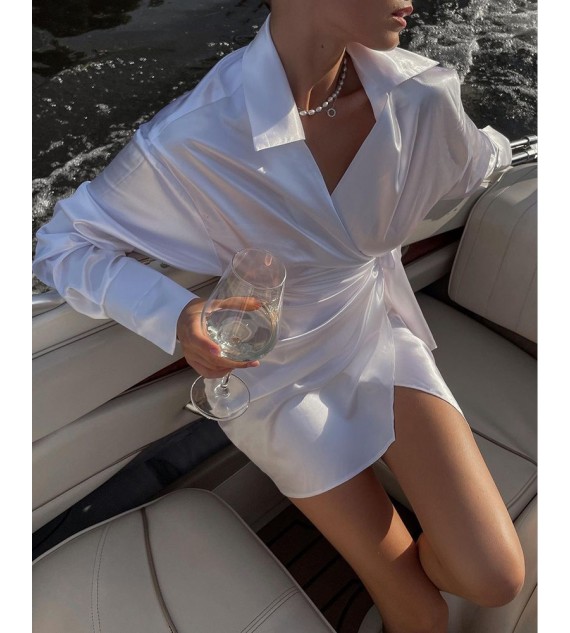 Twisted Tied Detail Satin Long Sleeve Shirt Dress