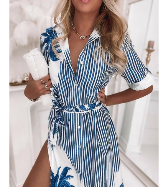 All Over Print Button Front Split Thigh Belted Shirt Dress