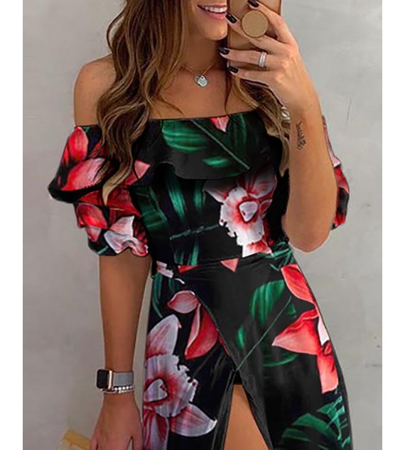Off Shoulder Floral Print Top & Slit Skirt Sets