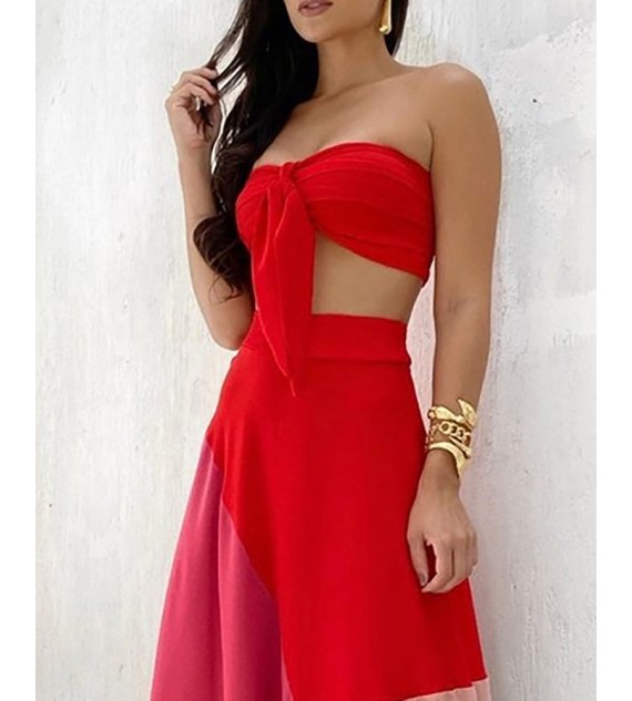 Plain Kd Bandeau Top & Color Maxi Skirt Set