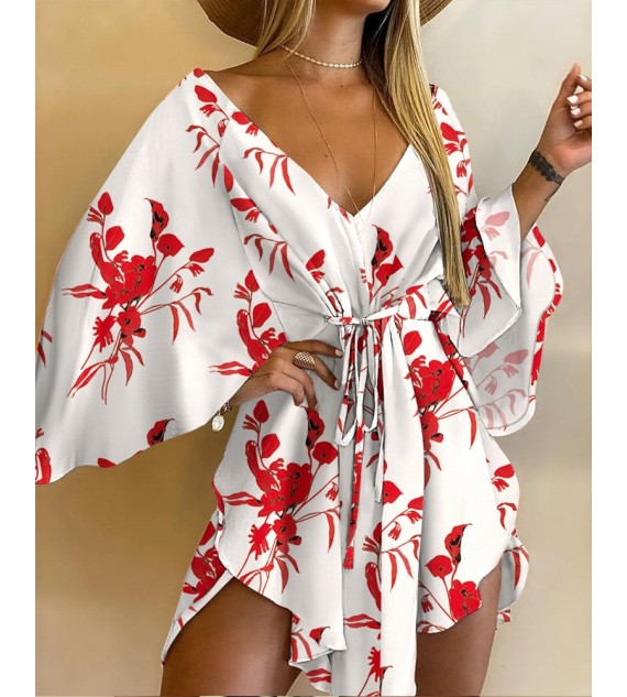 Floral Print V-Neck Asymmetrical Tie Front Mini Dress Casual Summer Dress