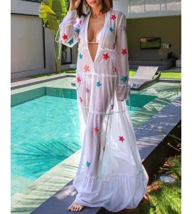 Star Print Mesh Frill Hem Cover Up Dress