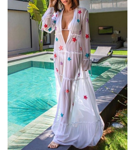 Star Print Mesh Frill Hem Cover Up Dress