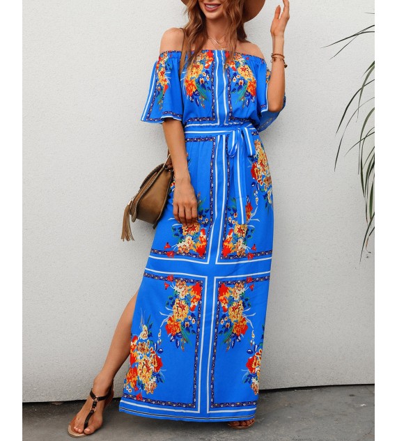 Off Shoulder High Slit Bell Sleeve Floral Print Maxi Dress