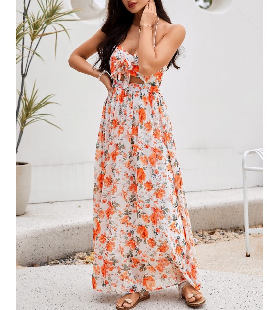 Floral Print Halter Lace Up Cutout Maxi Dress