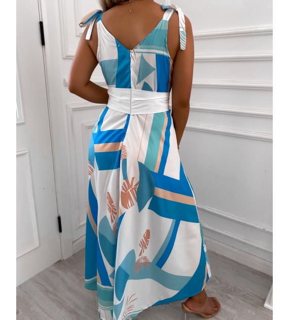 Tropical Print V Neck Tie Up Maxi Dress With Belt