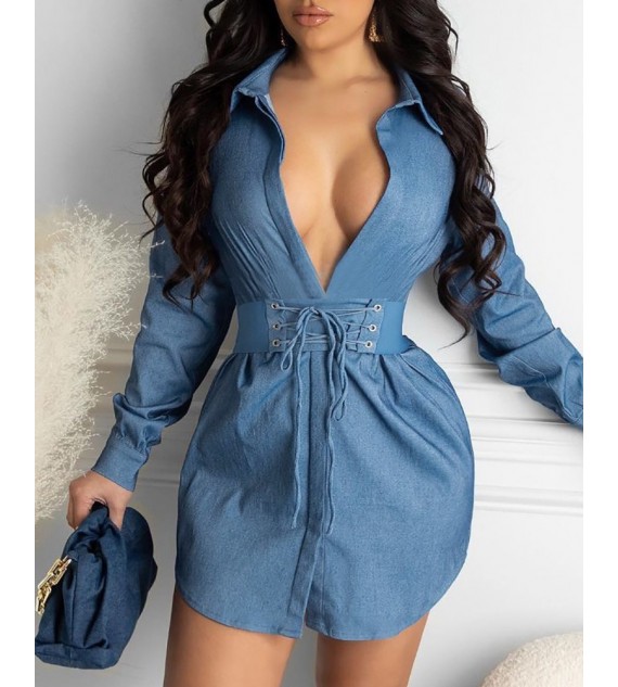 Long Sleeve Denim Shirt Dress With Eyelet Lace-up Corset