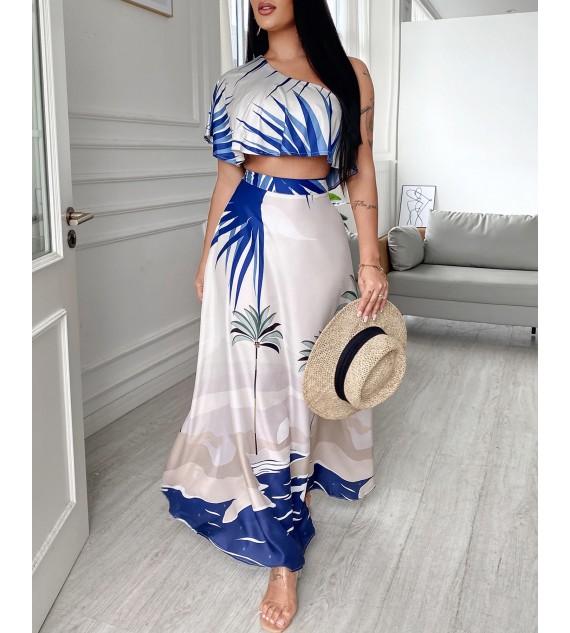 Tropical Print One Shoulder Ruffles Hem Top & Maxi Skirt Set