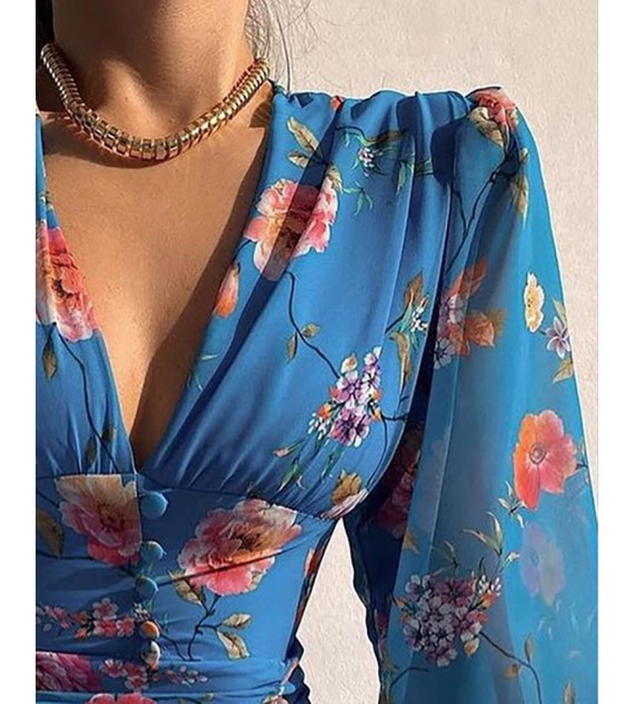 Puff Lantern Sleeve Floral Print Ruched Bodycon Dress