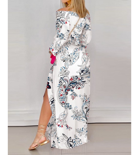 Floral Print Button Up High Slit Shirt Dress 3/4 Sleeve Maxi Dress