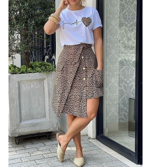 Heart Cheetah Print Top & Buttoned Asymmetrical Skirt Set