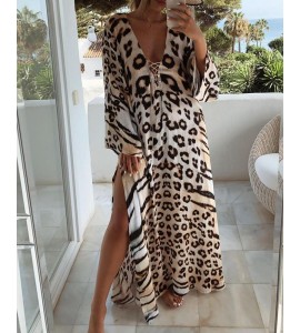 Cheetah Print Lace-up High Slit Maxi Dress
