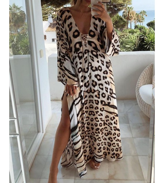 Cheetah Print Lace-up High Slit Maxi Dress