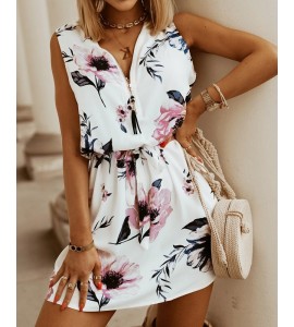 Floral Print Sleeveless Zipper Design Dress Casual Mini Dress With Belt