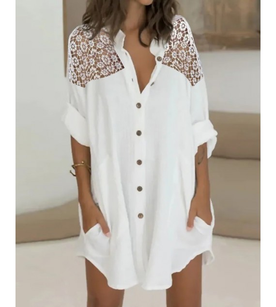 Crochet Lace Patch Buttoned Shirt Dress