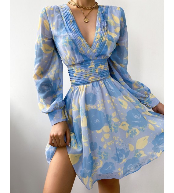 Floral Print V-Neck Long Sleeve Dress
