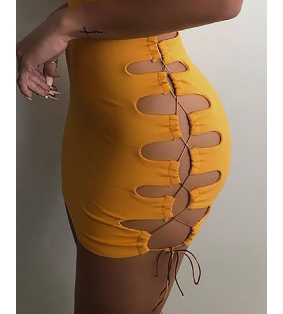 Lace-up Short Sleeve Cutout Bodycon Dress