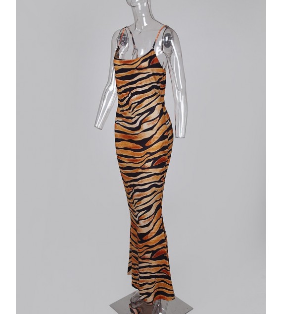 Tiger Print Square Neck Spaghetti Strap Maxi Dress