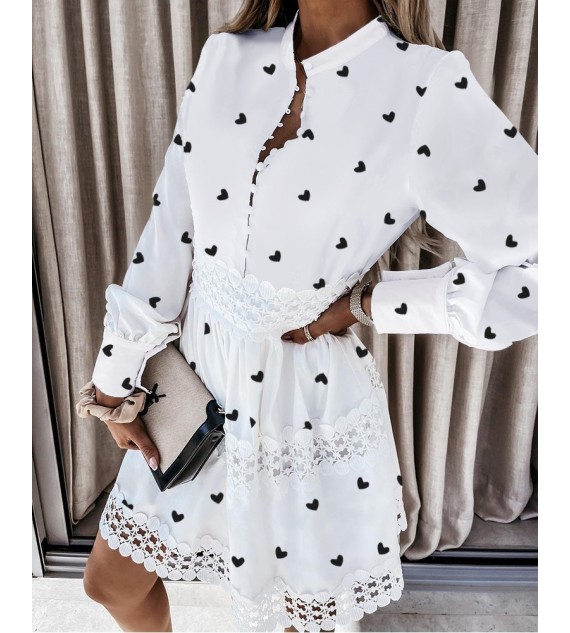 Lace Patch Heart Print Lantern Sleeve Shirt Dress