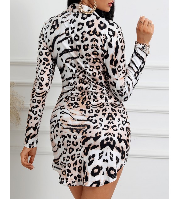 Leopard Print Long Sleeve Button Front Shirt Dress