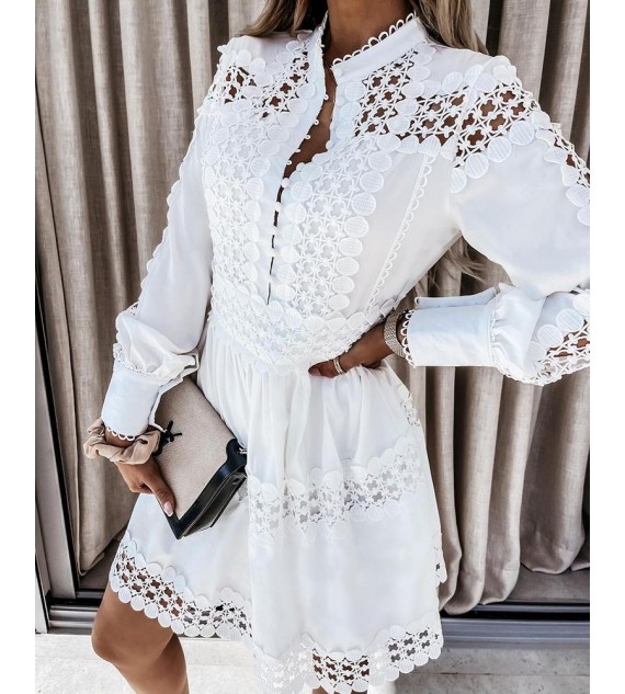 Hollow Out Plain Long Sleeve Shirt Dress