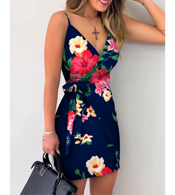 Floral Print V-Neck Wrap Tie Side Cami Dress Sleeveless Slim Elegant Mini Dress