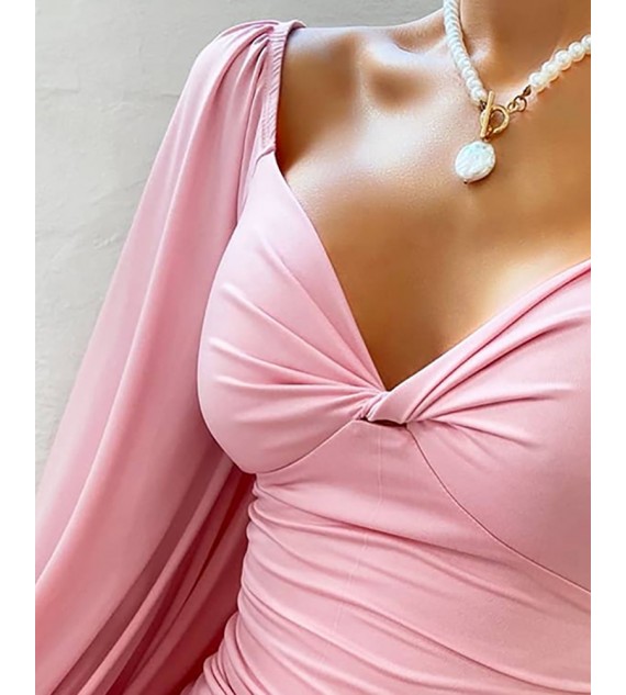 Lantern Sleeve Twisted Ruched Bodycon Dress