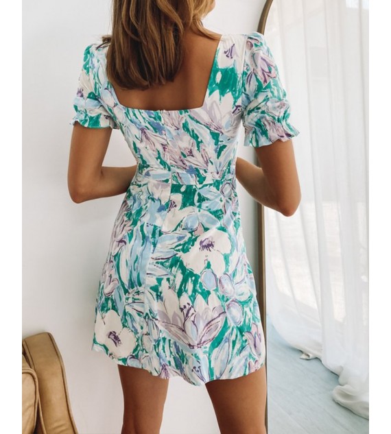 Floral Print Short Sleeve Cut-out ny Women Dress